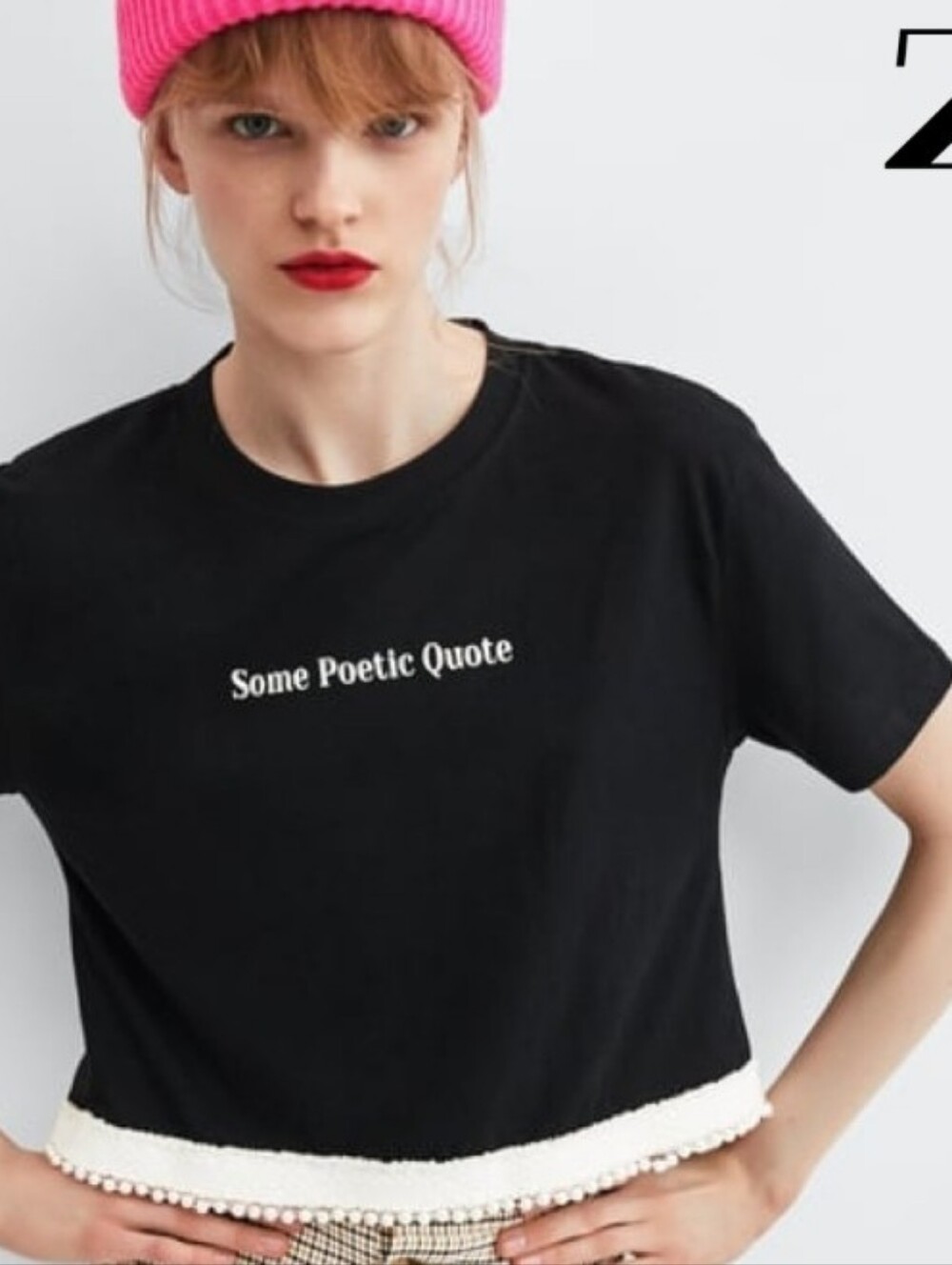 Zara Black Graphic Crop Tee with Pearl Trim S